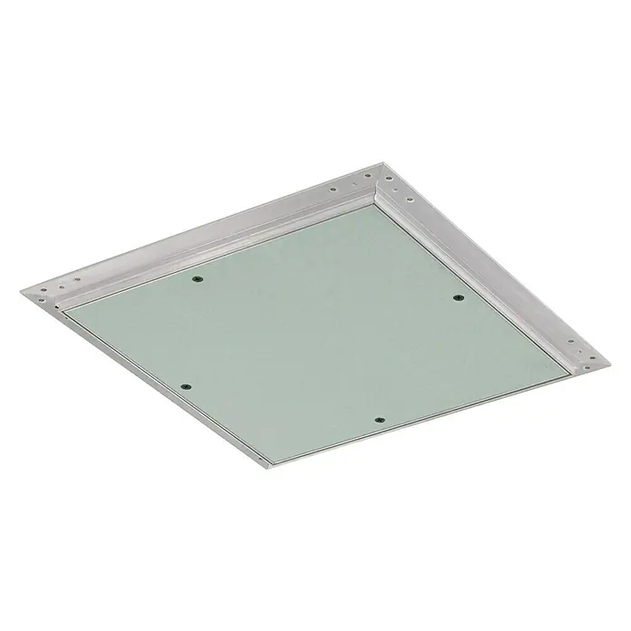 Probau Revisionsklappe Aqua - 40 x 40 cm - Das Bild zeigt eine Revisionsklappe mit einem Rahmen aus Metall und einer hellgrünen Platte, ideal für den Zugang zu Versorgungsschächten.