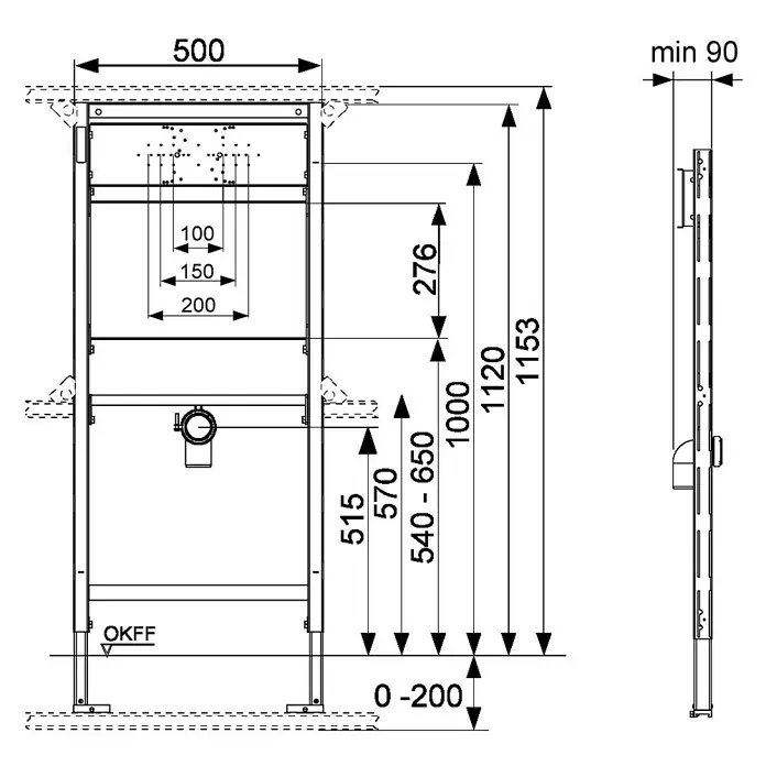 Tece Profil Waschtisch-Vorwandelement - 9 x 50 x 112 cm, Geeignet für: Ausgussbecken, Pulverbeschichtet - Technische Zeichnung eines Unterputzspülkastensystems mit Maßen und Details für die Installation und Planung.