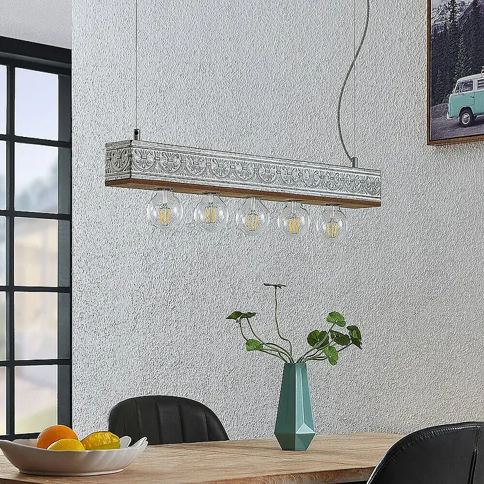 Lindby Pendelleuchte Mella - holz hell, weiß antik galvanisiert, E27