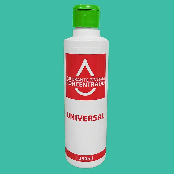 Colorante Concentrado universal - Verde, 250 ml - Botella blanca con tapa verde, etiquetada como "COLORANTE TINTURA CONCENTRADO" y "UNIVERSAL", para tinte concentrado.