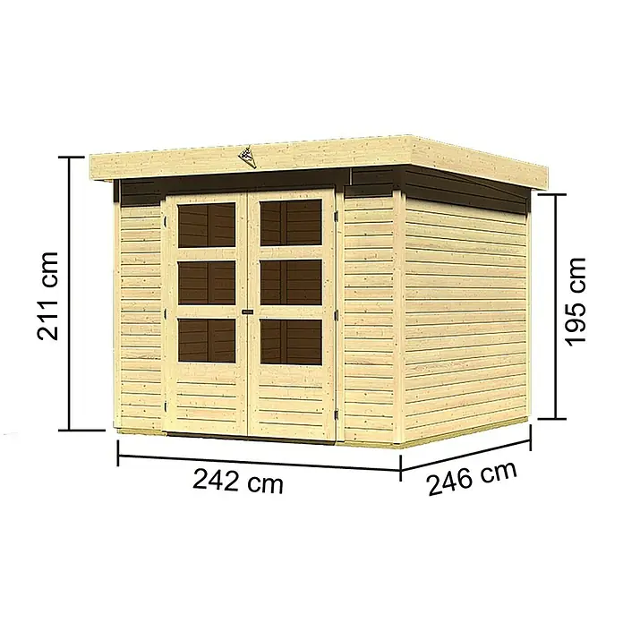 Karibu Gartenhaus Askola - Außenmaß inkl. Dachüberstand (B x T): 266 x 262 cm, Holz, Natur - Abbildung eines Holzgartenschuppens mit den Maßen 242 x 246 x 211 cm mit Doppeltür und Oberlicht.