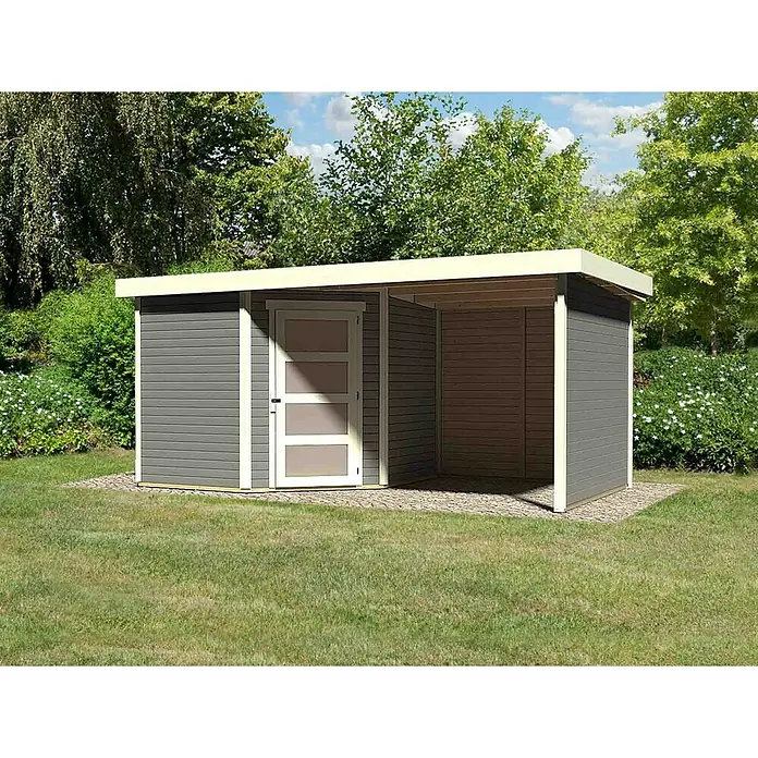 Karibu Gartenhaus Schwandorf 5 - Außenmaß inkl. Dachüberstand (B x T): 492,5 x 262 cm, Holz, Terragrau, Mit Seitendach, Rück- und Seitenwand - Modernes Gartenhaus mit Flachdach und seitlichem Unterstand, ideal für Gartengeräte und als stilvoller Stauraum im Außenbereich.