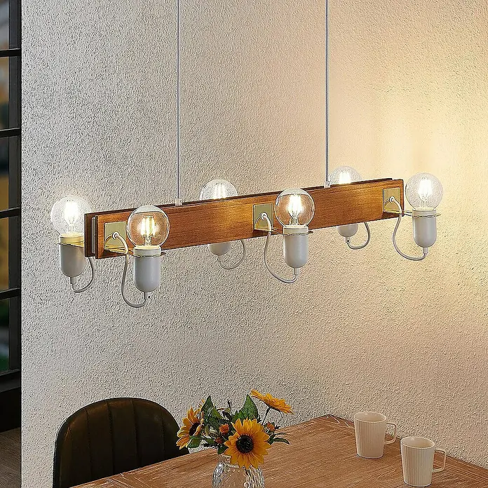 Lucande Pendelleuchte Becky - L x B x H: 82 x 31 x 150 cm, holz antik, weiß, messing poliert, E27