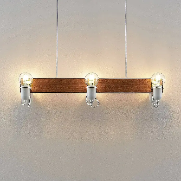 Lucande Pendelleuchte Becky - L x B x H: 82 x 31 x 150 cm, holz antik, weiß, messing poliert, E27