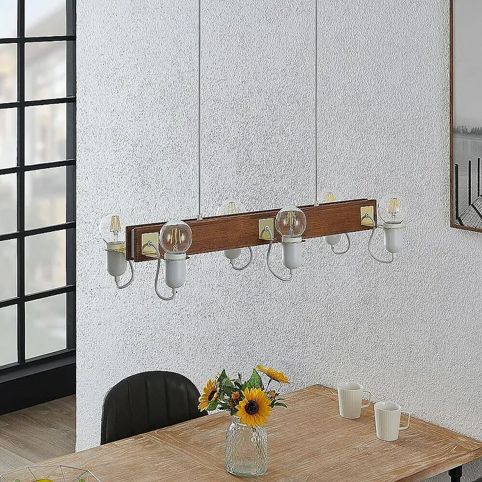 Lucande Pendelleuchte Becky - L x B x H: 82 x 31 x 150 cm, holz antik, weiß, messing poliert, E27