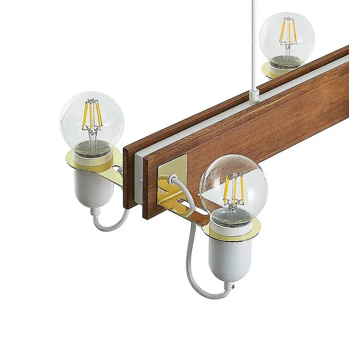 Lucande Pendelleuchte Becky - L x B x H: 82 x 31 x 150 cm, holz antik, weiß, messing poliert, E27