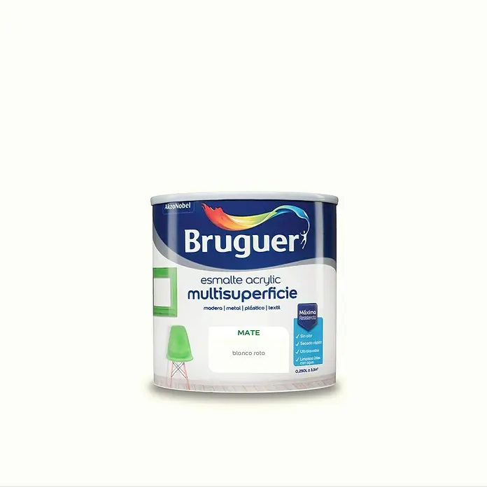Bruguer Esmalte de color Acrylic Multisuperficie - Blanco Roto, Mate, 250 ml, Base de agua - Bote de pintura Bruguer Multisuperficie, esmalte acrílico para madera, metal, plástico y textiles, acabado mate, color "Blanco roto".