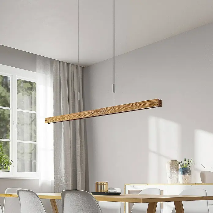 Lindby Pendelleuchte Alimara - L x B x H: 138 x 5 x 5 cm, Holz hell, nickel matt, holz hell