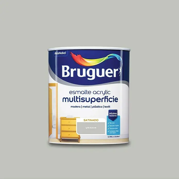 Bruguer Esmalte de color Acrylic Multisuperficie - Gris Suave, Satinado, 750 ml, Base de agua - Un envase de esmalte acrílico multisuperficie Bruguer para madera, metal, plástico y textiles en gris suave.