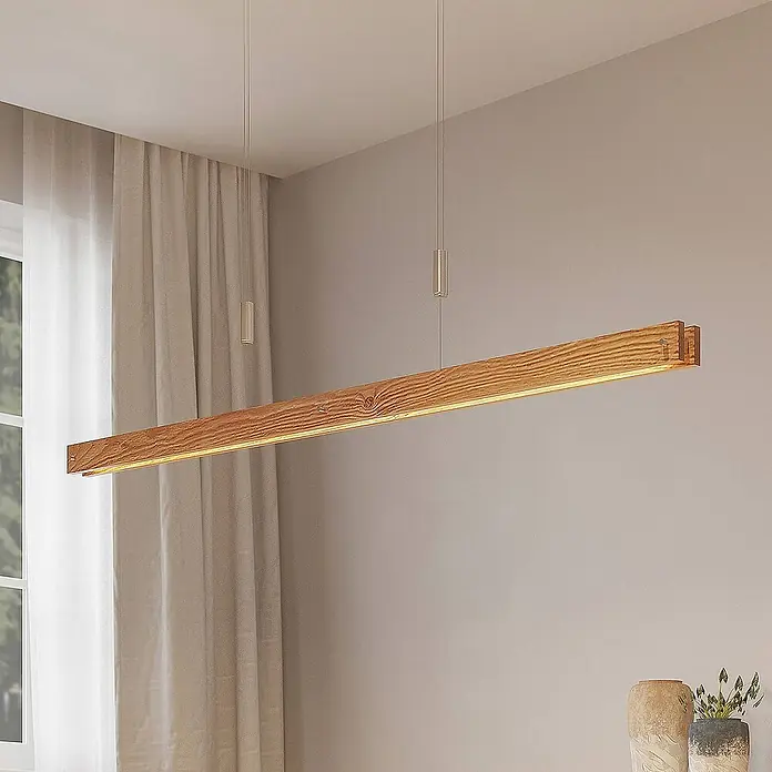 Lindby Pendelleuchte Alimara - L x B x H: 138 x 5 x 5 cm, Holz hell, nickel matt, holz hell