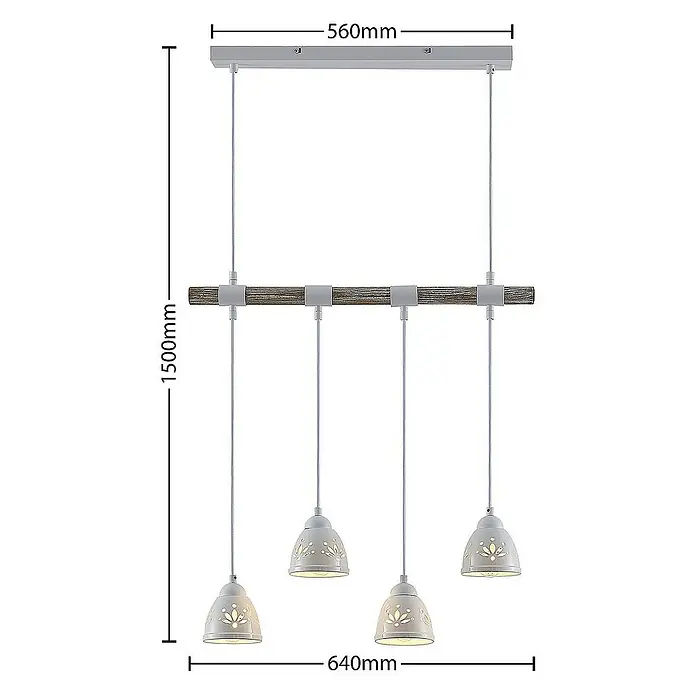 Lindby Pendelleuchte Pimana - L x B x H: 64 x 11 x 12 cm, weiß / opal, Holz hell, weiß, E14