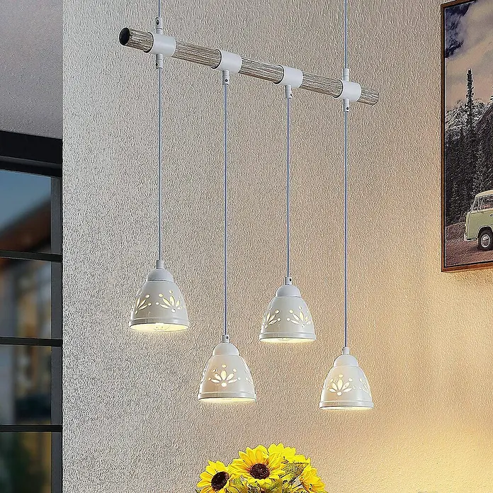Lindby Pendelleuchte Pimana - L x B x H: 64 x 11 x 12 cm, weiß / opal, Holz hell, weiß, E14