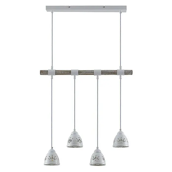 Lindby Pendelleuchte Pimana - L x B x H: 64 x 11 x 12 cm, weiß / opal, Holz hell, weiß, E14