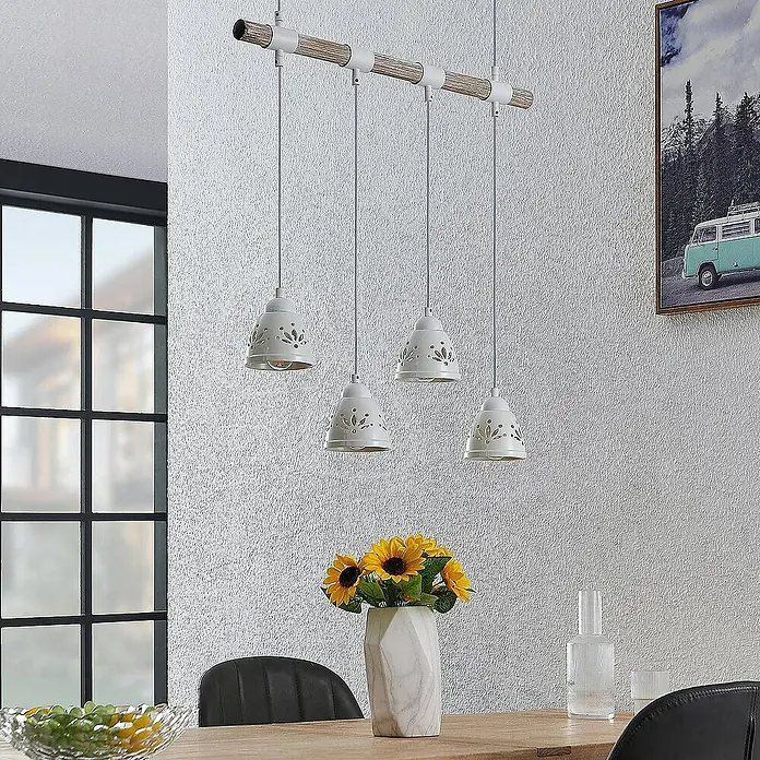 Lindby Pendelleuchte Pimana - L x B x H: 64 x 11 x 12 cm, weiß / opal, Holz hell, weiß, E14