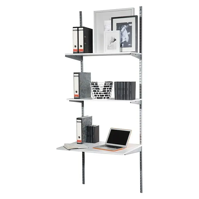 Phönix Wandregal-Set Staxx Büro - L x B x H: 62 x 85 x 223 cm, Traglast Einlegeboden: 20 kg, Weiß/Grau - Ein stilvolles, weißes Regalsystem mit drei Ablagen und einem Schreibtisch, ideal für Büro oder Homeoffice. Perfekt zur Aufbewahrung von Büchern und Dekoration.