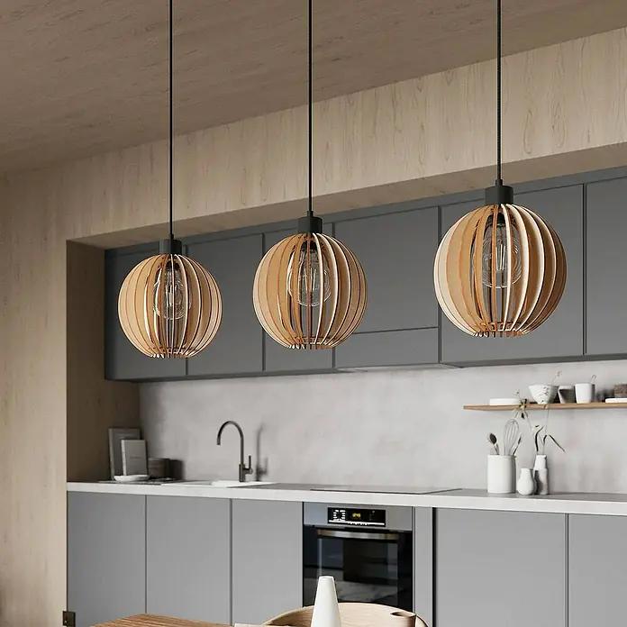 Envostar Pendelleuchte Clay - L x B x H: 90 x 23 x 150 cm, Holz hell, Schwarz, holz hell, E27