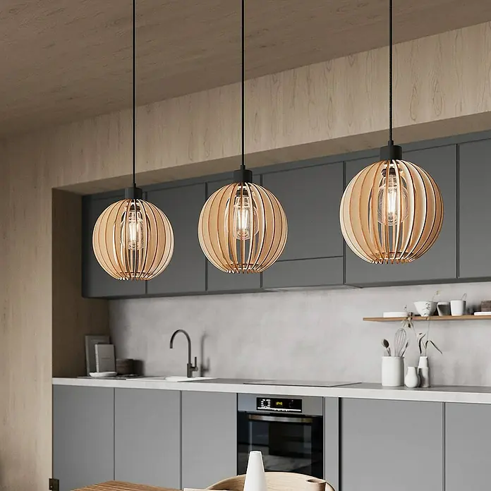 Envostar Pendelleuchte Clay - L x B x H: 90 x 23 x 150 cm, Holz hell, Schwarz, holz hell, E27