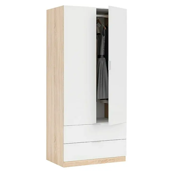 Armario para ropa LCX222 - L x An x Al: 52 x 81 x 180 cm, Blanco/Roble - Elegante armario blanco/madera clara con dos cajones y una puerta abierta que ofrece una visión del interior.