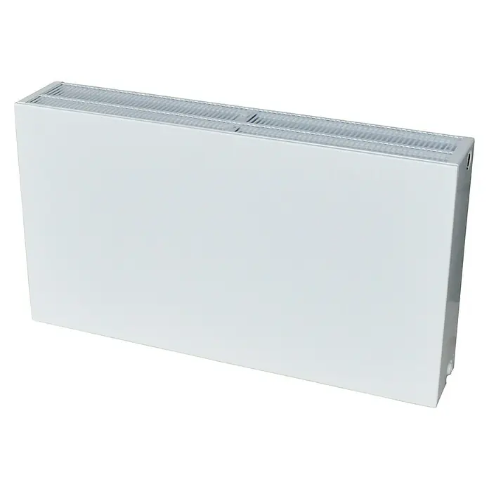 Planheizkörper - B x H: 1.400 x 600 mm, Wärmeleistung bei Vorlauftemperatur von 75 °C (D: 50): 3.081,4 W, Typ Heizkörper: 33 - Nahaufnahme eines weißen Heizkörpers mit horizontalen Rillen für Wärmeabgabe, ideal für moderne Wohnräume und effiziente Wärmeverteilung.
