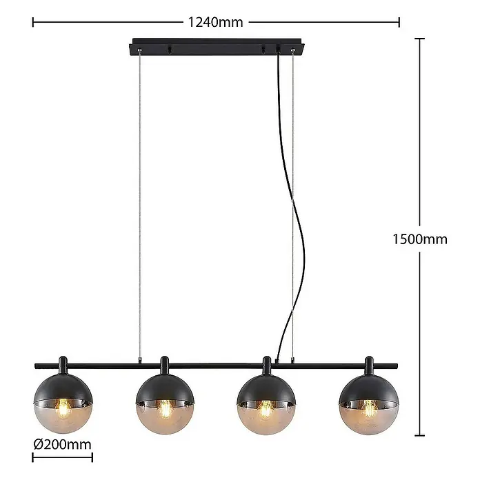 Lucande Pendelleuchte Dustian - L x B x H: 124 x 20 x 150 cm, klar, Schwarz, E27