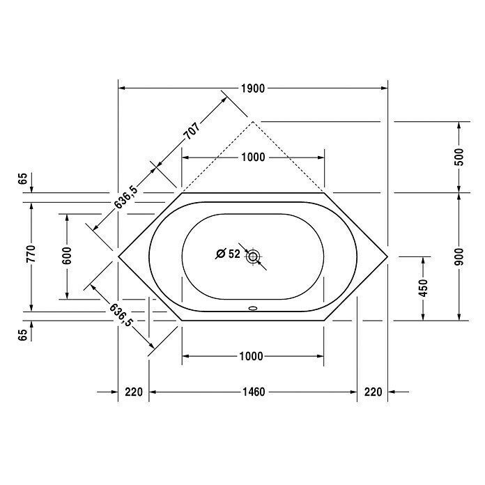 Duravit D-Code Badewanne190 x 90 cm, Sechseck, Sanitäracryl, Weiß Front View