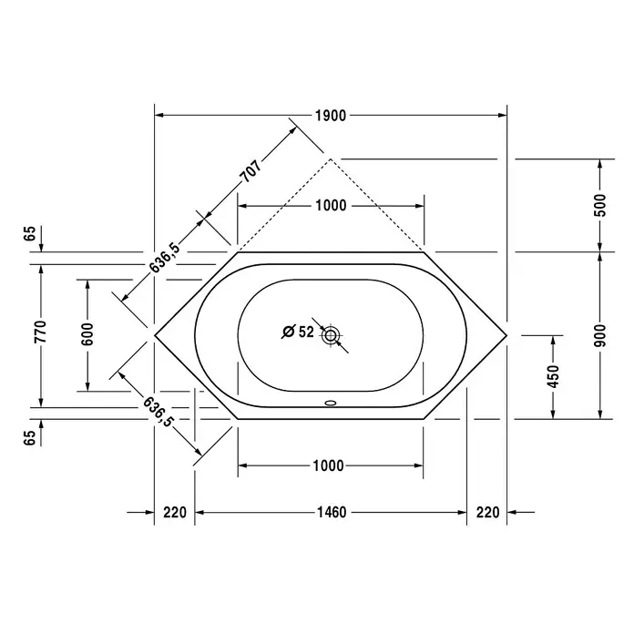 Duravit D-Code Badewanne - 190 x 90 cm, Sanitäracryl, Weiß - Technische Zeichnung einer Eckbadewanne mit allen Maßen und Details für die Planung im Bad.