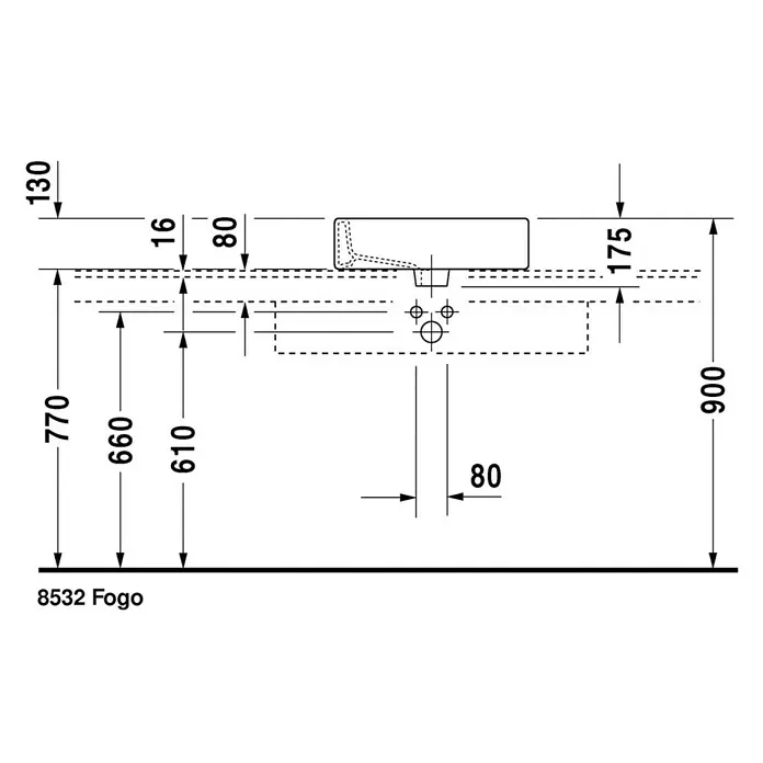 Duravit Vero Aufsatzwaschbecken - 50 x 47 cm, Mit schmutzabweisender Glasur, Hahnloch: Mitte, Mit Überlauf, Weiß - Produktzeichnung des 8532 Fogo Waschbeckens mit detaillierten Maßangaben für Installation und Design.