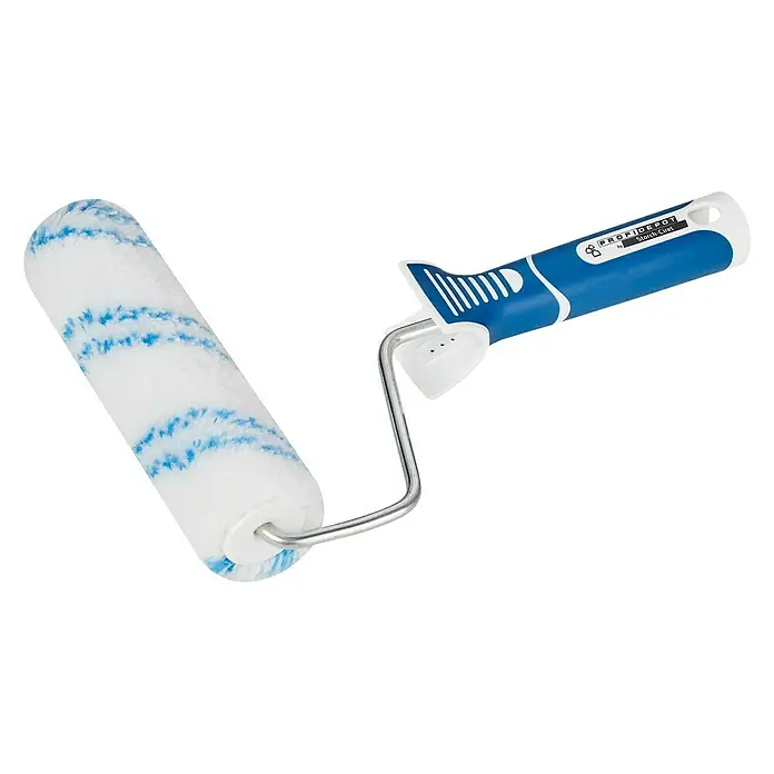 Profi Depot by Storch-Ciret Farbroller 2K - Breite Walze: 15 cm, Bügelstärke: 6 mm, Florhöhe: 12 mm - Ein Detailaufnahme eines Farbrollers mit blau-weiß gestreiftem Überzug und blau-weißem Griff. Ideal für präzises Auftragen von Farbe.