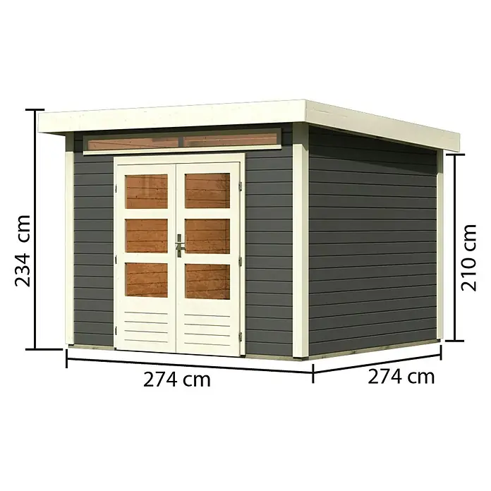 Karibu Gartenhaus Kandern 6 - Außenmaß inkl. Dachüberstand (B x T): 305 x 303 cm, Holz, Terragrau - Bild eines modernen Gartenhauses aus Holz mit den Maßen 274 x 274 x 234 cm.