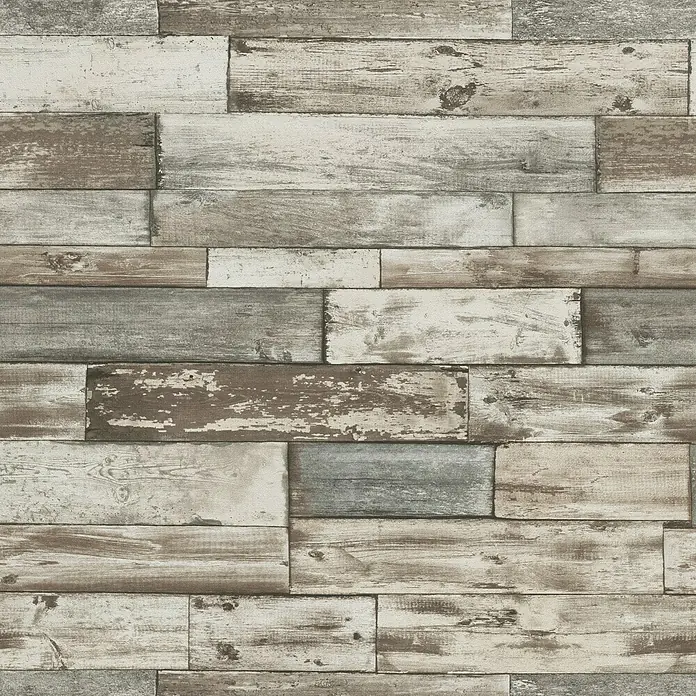 Papel pintado Tablones Madera - Marrón/Beige/Blanco, Efecto madera, 10 x 0,53 m - Papel pintado de paneles de madera con un diseño de madera reciclada multicolor para un ambiente cálido y natural.