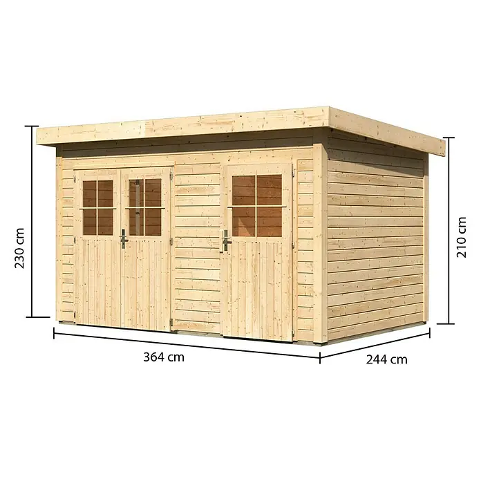 Karibu Gartenhaus Tintrup - Holz, Natur - Abbildung eines Holzschuppens mit den Maßen 364 cm x 244 cm x 230 cm bzw. 210 cm.