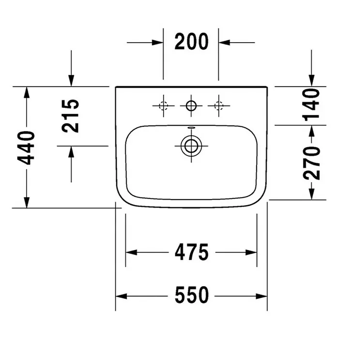 Duravit DuraStyle Waschtisch Typ 2 - 55 x 44 cm, Ohne Spezialglasur, Hahnloch: Mitte, Mit Überlauf, Weiß - Waschbecken-Skizze mit Maßangaben. Das Waschbecken hat eine Breite von 550 mm und eine Tiefe von 440 mm, mit detaillierten Abmessungen der Montagepunkte.