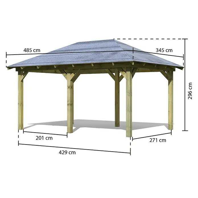 Karibu Pavillon Perida - 485 x 345 cm, Natur - Bild einer Gartenlaube mit Maßangaben, die die Abmessungen des Produkts hervorheben.
