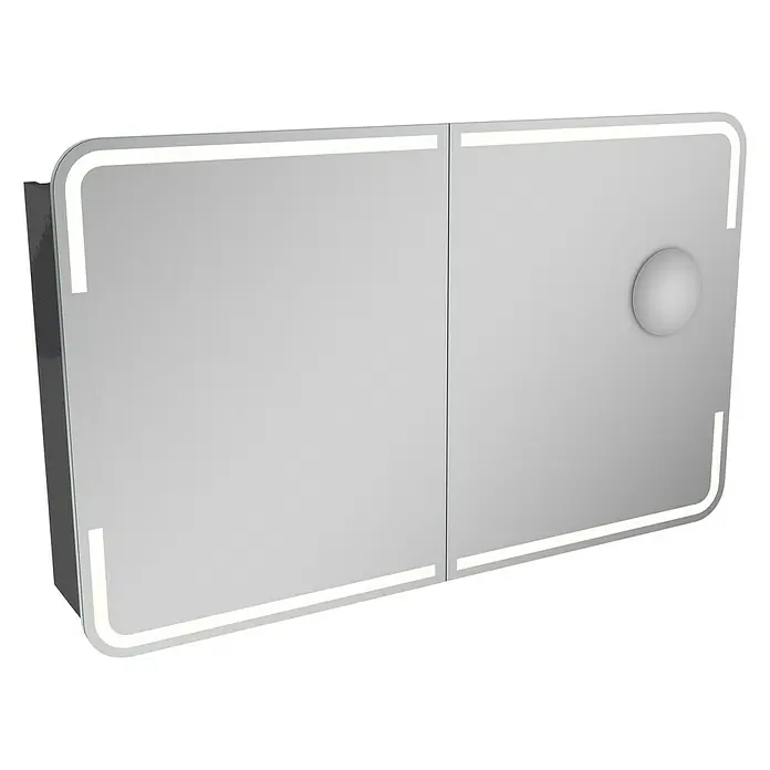Lanzet K2 Badmöbel-Set K222G2 - 117,9 cm, Grafit - Moderner Spiegelschrank mit Beleuchtung. Der Spiegelschrank verfügt über zwei Türen und einen runden Knopf.