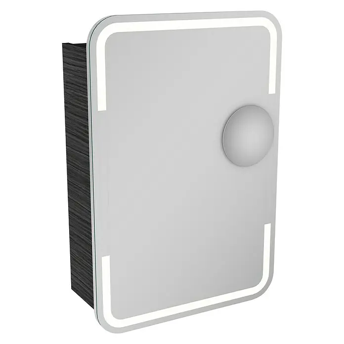 Camargue Stella LED-Spiegelschrank - B x H: 51 x 73,7 cm, Holz, Dark Oak, DIN Anschlag: Links, Kantenausführung Tür: Abgerundet - Ein moderner Spiegelschrank mit Beleuchtung und einem runden Griff, ideal für stilvolle Badezimmer.