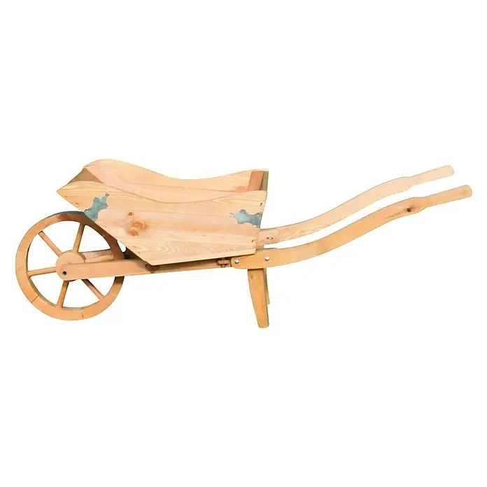 Promadino Pflanzkasten Pflanzschubkarre Tessin - Außenmaß (L x B x H): 145 x 56 x 52 cm, Holz, Natur - Nahaufnahme einer hölzernen Schubkarre mit einem Rad und zwei Griffen, ideal für Gartenarbeiten und Dekorationen im Freien.