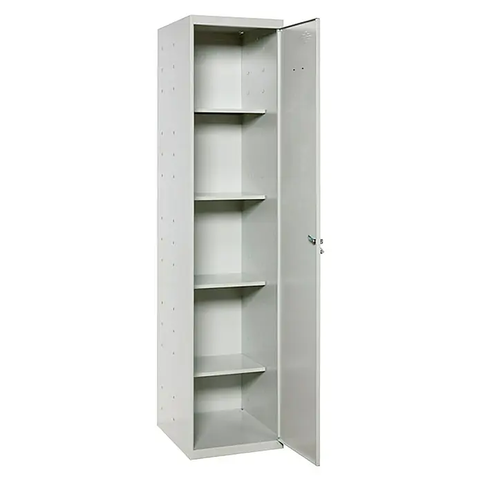 Simonrack Simonlocker Armario multiusos metálico Cabinet - L x An x Al: 40 x 40 x 180 cm, Gris, Número de puertas: 1 ud., Completamente montado - Foto de un armario metálico gris con puerta abierta y estantes ajustables, ideal para el almacenamiento de artículos de oficina o taller.