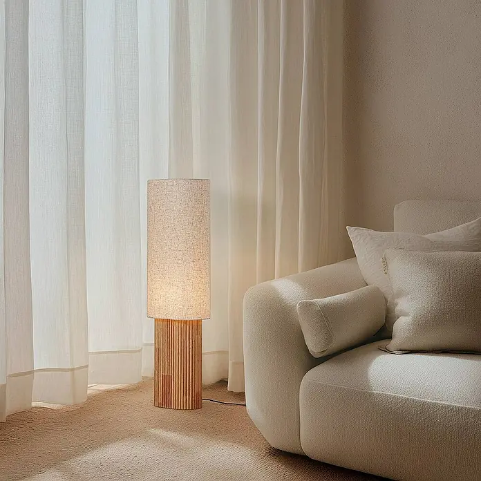 Lindby Stehleuchte Kimiko - Holz hell, creme / amber, E27