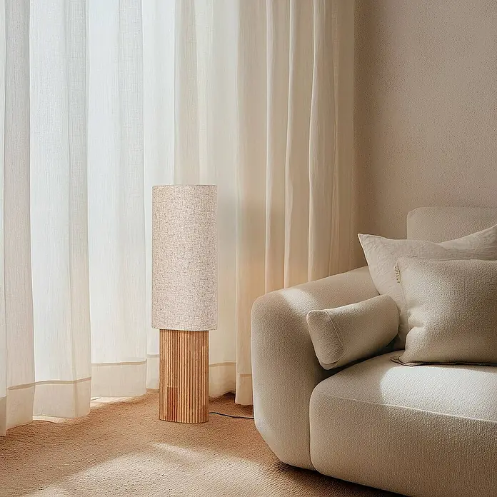 Lindby Stehleuchte Kimiko - Holz hell, creme / amber, E27