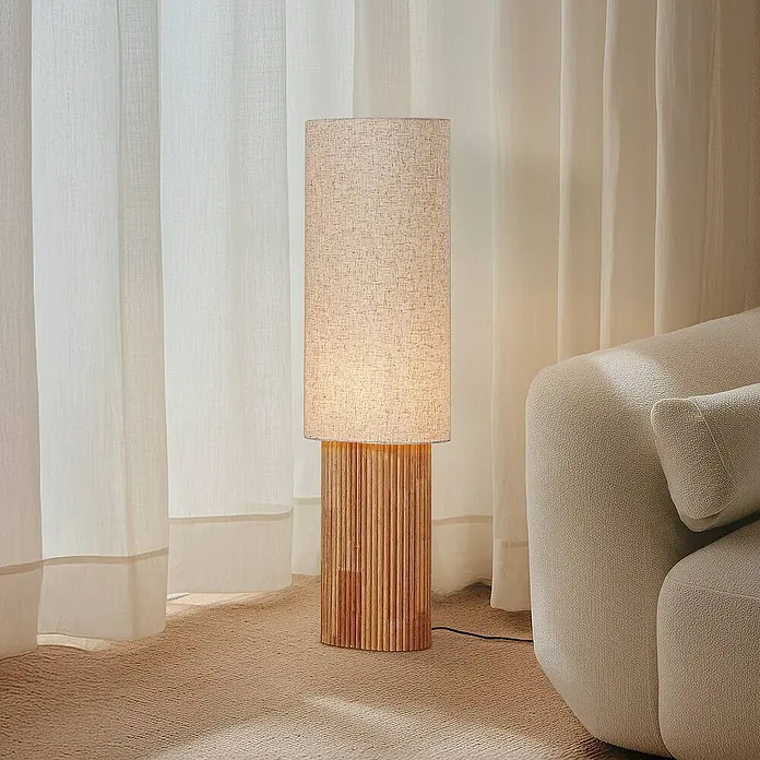 Lindby Stehleuchte Kimiko - Holz hell, creme / amber, E27