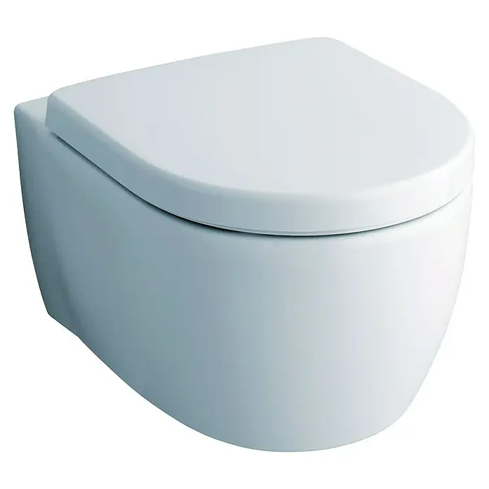 Geberit iCon Wand-WC - Mit Spülrand, Ohne Spezialglasur, Spülform: Tief, WC Abgang: Waagerecht, Weiß - Nahaufnahme einer weißen, wandhängenden Toilette mit glatter Oberfläche und abgerundeten Formen, ideal für moderne Badezimmer.