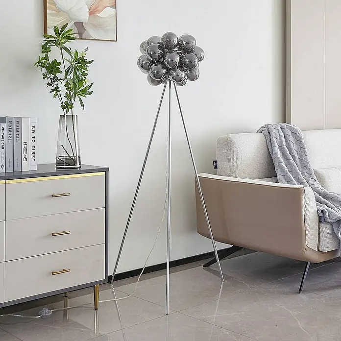 Lucande Stehleuchte Diborah - Höhe: 150 cm, alu / grau / zink, G9