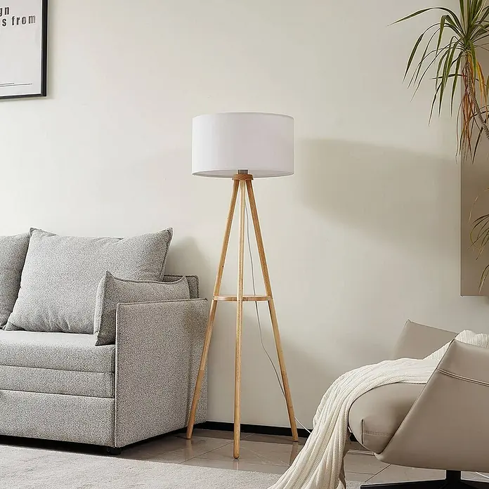 Lindby Stehleuchte Adamio - Höhe: 147 cm, Holz hell, weiß / opal, E27