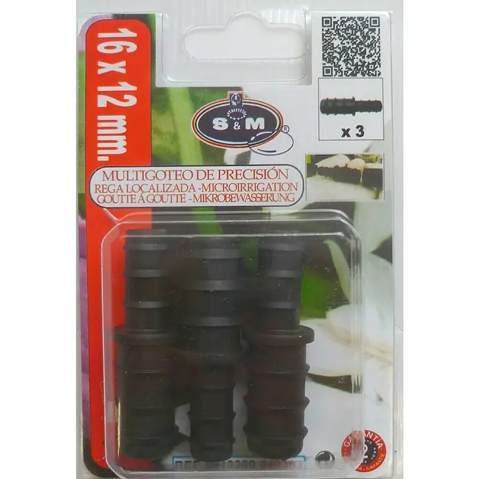 Manguito de unión reductor goteo 16 x 12 mm - 16 mm - 12 mm, 3 ud. - Primer plano de las piezas en T de microirrigación de precisión S&M de 16 x 12 mm, ideales para un riego preciso en el jardín.
