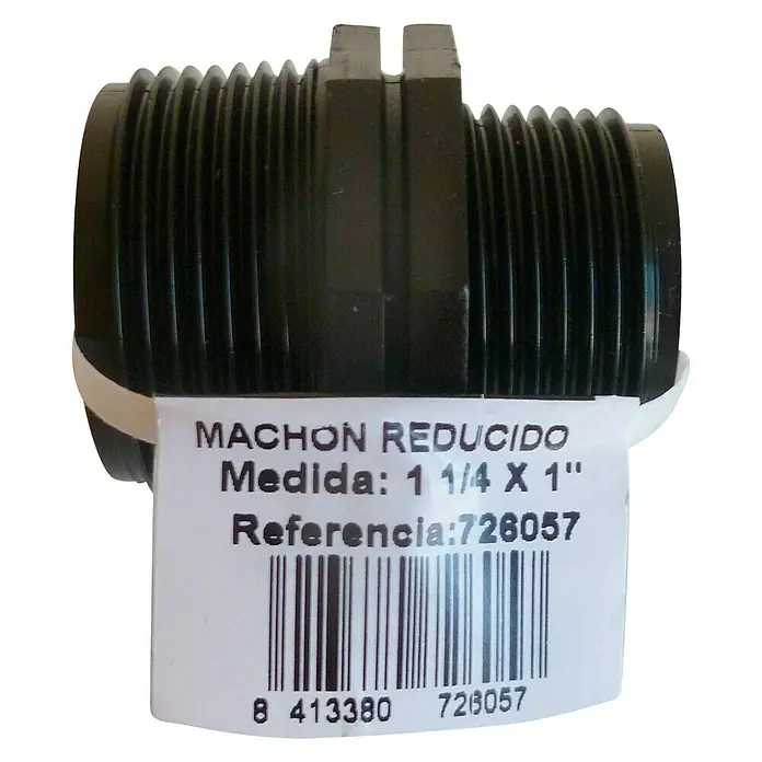 Machón reductor M-M - 1″ x ¼″ - Un reductor de plástico negro con extremos roscados y una etiqueta que dice "MACHON REDUCIDO".