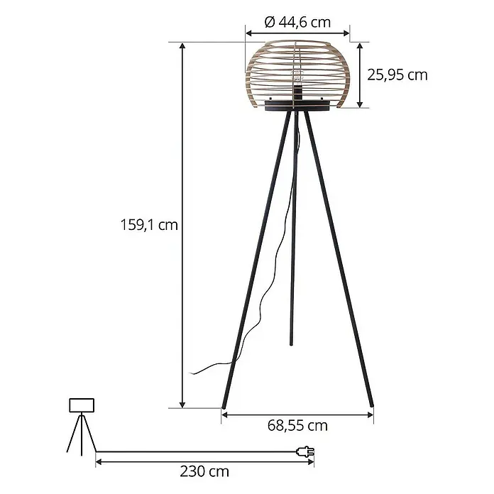 Lindby Stehleuchte Ediz - Höhe: 159,1 cm, schwarz, Holz hell, E27