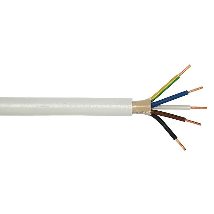 Mantelleitung Halogenfrei NHXMH-J 5x1,5 mm² - Anzahl Adern: 5, 1,5 mm², 100 m - Nahaufnahme eines weißen Stromkabels mit freiliegenden Kupferdrähten in verschiedenen Farben. Hochwertiges Kabel für sichere Elektroinstallationen.