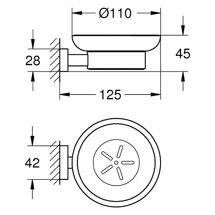 Grohe Essentials Cube Becher- & Seifenhalter - Chrom, Glänzend - Zeichnung eines Seifenhalters zur Wandmontage mit Maßangaben zur einfachen Installation.