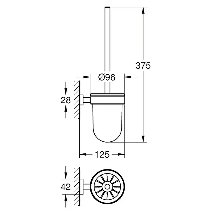 Grohe Essentials Cube WC-Bürstengarnitur - Chrom, Glänzend - Technische Zeichnung eines Toilettenbürstenhalters mit den Maßen 375 mm Höhe und 125 mm Breite.