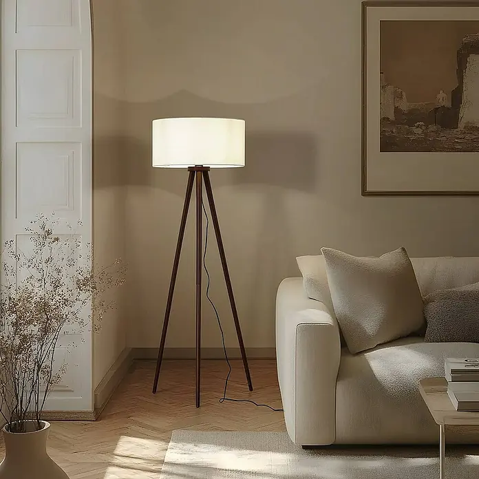Lindby Stehleuchte Charlia - Höhe: 150 cm, Holz dunkel, weiß / opal, E27